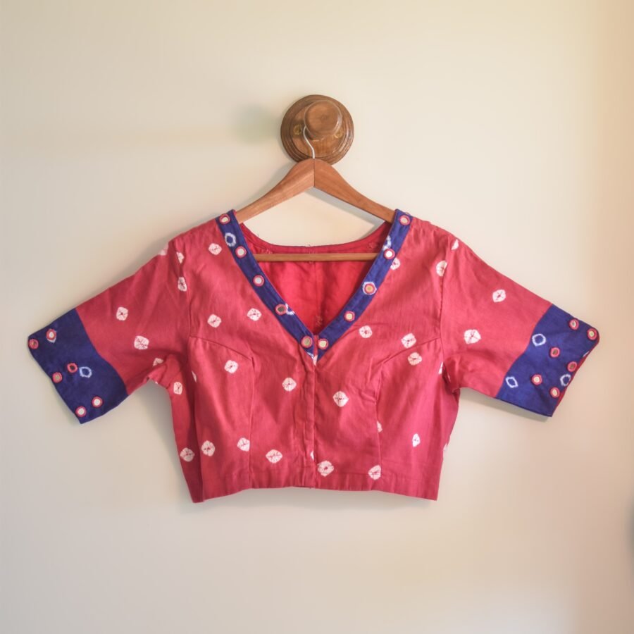 Rang Mahal – Ruby Pink & Blue Bandhni Blouse